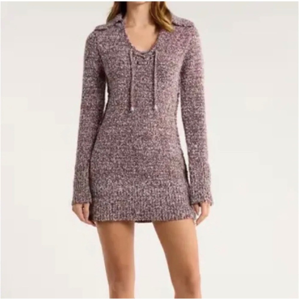 Free People Womens XL Lace Up Marled Knit Sweater Dress Burgundy Mini LS